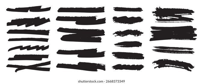 black paint ink brush strokes lines set. Underline dirty grunge bold design elements. Vector illustration
