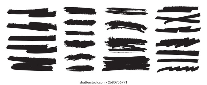 black paint ink brush strokes lines set. Underline dirty grunge bold design elements. Vector illustration