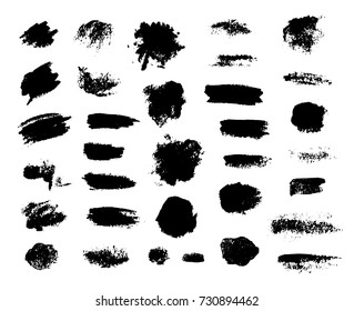 Black paint, ink brush strokes and blots. Grunge artistic dirty texture. Design elements. Background for text.