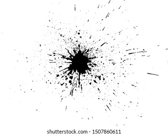 Black paint, ink splash, brushes ink droplets, blots. Black ink splatter background, isolated on white.