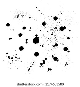 Black paint, ink splash, grunge ink droplets, blots. Black ink splatter, isolated on white. Vector illustration