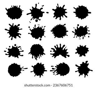 Black paint or ink splashes with drops splatter. Abstract blots, grunge stains, art blobs of liquid paint, dirty water or mud isolated on white background, vector flat illustration