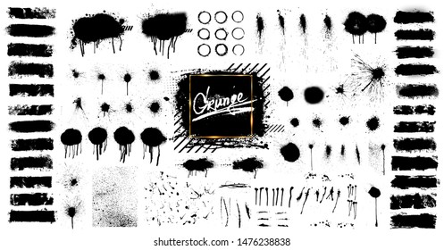 Black paint isolated collection. Ink brush strokes, brushes, splashes, lines. Dirty artistic design elements, great elaboration, spray graffiti stencil. Paint splatter blotches. Grunge vector