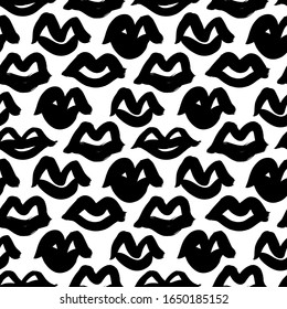 Color negro labios vectorial sin fisuras. La boca de una chica o mujer abstracta. Textura de trazo de pincel grueso. Diseño de papel pintado monocromo, impresión textil de moda. Ilustración de labios dibujada a mano. 