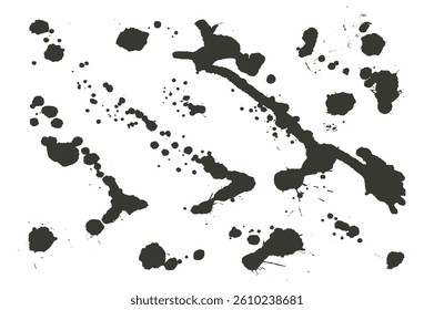 Black paint liquid rough blots. Vector ink spray splashes and splatter. Grunge graffiti art drops sprayed. Urban street dirty stencil on wall. Graphic collage messy spots and blobs.