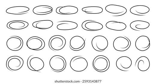 Black paint marker hand drawn circles,ovals. Editable vector set of doodle sketch symbols,elements on white background