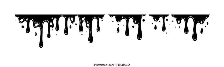 Black paint oil dripping graphic elements. Current inks paint down liquid. Paint flows. Vector illustration. 