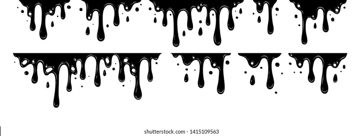 Black paint oil dripping graphic elements. Current inks paint down liquid. Paint flows. Vector illustration. 