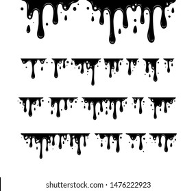 Black paint oil dripping graphic elements. Current inks paint down liquid. Paint flows. Vector illustration. 