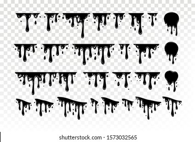 Black paint oil dripping graphic elements. Current inks paint down liquid. Paint flows. Vector illustration. 