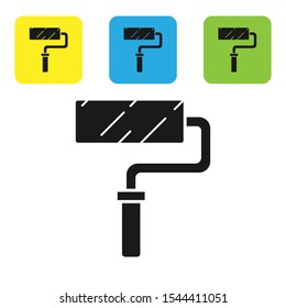 Black Paint roller brush icon isolated on white background. Set of colorful square icon buttons. Vector Illustration