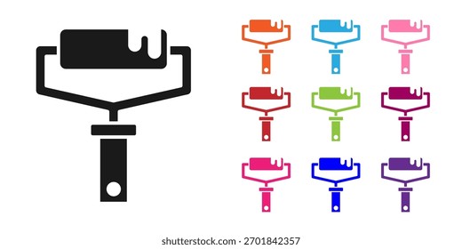 Ícone de pincel de rolo de tinta preta isolado no fundo branco. Defina os ícones com cores. Vetor