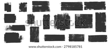 Black paint roller brush stroke grunge bundle. Distressed wall texture block markings featuring rough industrial swipe elements for abstract street art layout graphic design background clip art.