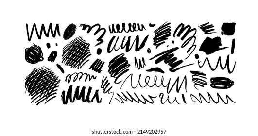 Black paint scribble line vector set. Wavy and curly lines, dry brush stroke textured shapes. Zig zag, swirls and dots. Expressive abstract vector shapes in black and white. Hand drawn pen scribbles