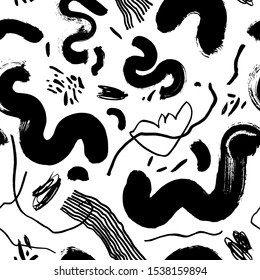 Black paint scribbles vector seamless pattern. Chaotic monocolor scrawls texture. Various childish doodles, random thin and thick lines illustration. Artistic wallpaper, grunge textile design