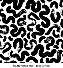 Black paint smears and brush strokes vector seamless pattern. Chaotic ink smudges decorative texture. Monochrome messy doodles, thick curling lines illustration. Artistic wallpaper, grunge textile