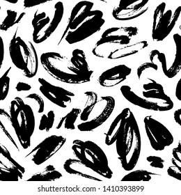 Black paint smears hand drawn seamless pattern. Brushstroke blots, chaotic specks vector illustration. Chaotic stains decorative texture. Trendy ink pen daub backdrop. Wallpaper, wrapping paper design