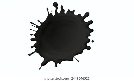 Schwarzer Farbspritzer aus flüssigem Tintentropfen-Vektorgrafik-Symbol auf weißem Hintergrund. 3D Grunge Tröpfchen Splatter nach Petroleum Design. Flüssiger Fleckenfleck mit Rippelwirbelform. Dirty-Hole-Fleck-Bild