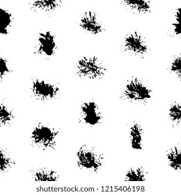 black paint splashes and drops on white background seamless pattern. abstract vector blobs and spatters
