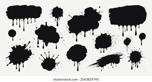 Black paint splashes, ink drops, grunge liquid drips and splashes. Stains with scattered and dripping droplets. Isolated sprayed elements. Blobs of various shapes. Abstract vector textures.