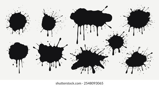 Black paint splashes, ink drops, liquid drips and splashes. Grunge stains with scattered and dripping droplets. Isolated sprayed elements. Blobs of various shapes. Abstract vector clip arts.