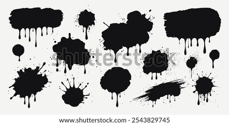 Black paint splashes, ink drops, grunge liquid drips and splashes. Stains with scattered and dripping droplets. Isolated sprayed elements. Blobs of various shapes. Abstract vector textures.