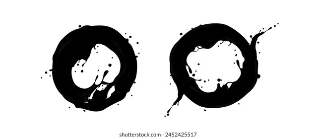 Conjunto de salpicaduras de pintura negra aislado sobre fondo blanco. Ilustración realista de Vector de trazos de tinta redondos, círculos de manchas de fondo de vidrio o botella, salpicaduras de líquido sucio en la superficie, bordes abstractos