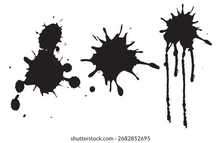 Manchas de salpicaduras de pintura negra aisladas en blanco. Tres salpicaduras de pintura vívida con efectos de goteo, ideal para fondos de arte, graffiti y diseño creativo. Vector EPS 10


