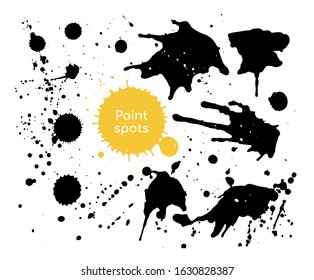 Black Paint Spots - Set Of Decorative Design Elements On White Background. A Collection Of Ink Hand Drawn Abstract Splashes With Drops. Acrylic Dirty Marks, Splatter, Spray Splashes Texture