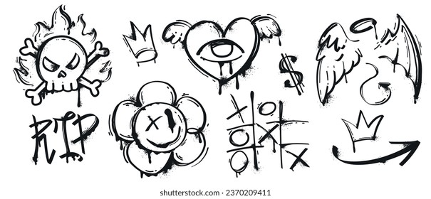 Black paint spray graffiti with splatter and ink drips. Street art set of angel wings, heart, arrow, tic tac toe and skull sticker in hand drawn. Painted urban elements isolated on white background. svg