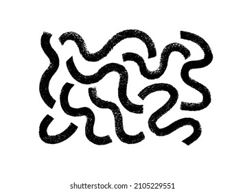 Black paint s-shape brush strokes vector set. Hand drawn curved grunge lines and wavy brushstrokes. Grunge smears collection with wavy, doodle, freehand bold lines. Ink illustration isolated on white.