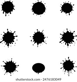 manchas de pintura negra con salpicaduras Grandes sobre un fondo blanco limpio