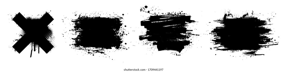 Lápiz de pintura negro con salpicaduras. Trazos de pincel de tinta, composición artística. Elementos de diseño artístico, cuadros, marcos para texto. Láminas de suciedad entintadas se cepillan con gotas de sangre. Conjunto de vectores