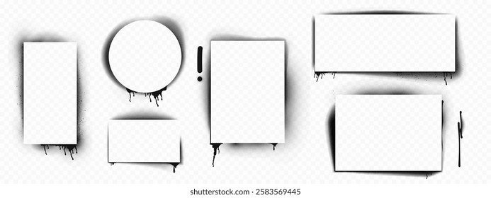 Black paint stencils set isolated on transparent background. Vector realistic illustration of rectangular, square, round ink borders, airbrush silhouette, grungy street art frames with color drips