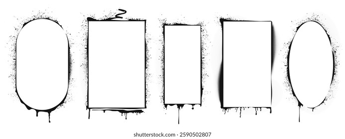 Black paint stencils set isolated on white background. Vector realistic illustration of rectangular, oval ink borders, airbrush silhouette, grungy street art frames with color drips