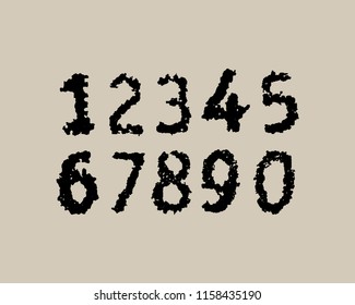 Black paint stroke font on white background. Grunge figures from zero to nine