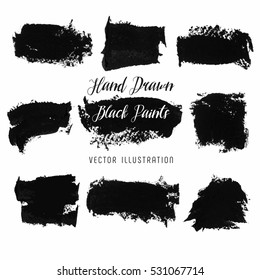 Black paint strokes. Abstract hand drawn blots of ink. Vector illustration.
