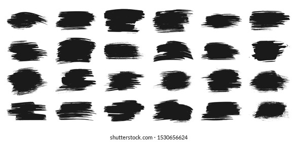 Black paint strokes brush, ink stain banner, box frame for text. Watercolor grunge texture, dirty background set. Art graffiti design paintbrush, splash, streak shape. Isolated vector illustration