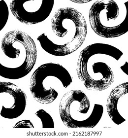 Black paint swirled bold line seamless pattern. Spiral and curly vector lines, dry brush stroke texture. Ethnic doodle grunge background. Monochrome seamless pattern with swirls. Curly brush strokes