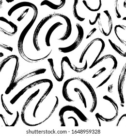 Black paint swirled line vector seamless pattern. Wavy and curly lines, round shapes, dry brush stroke texture. Abstract wallpaper design, trendy textile print. Wavy and swirled brush strokes