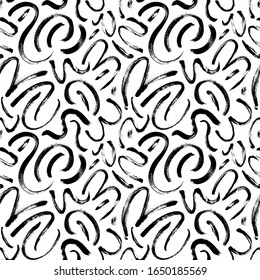 Black paint swirled line vector seamless pattern. Wavy and curly lines, round shapes, dry brush stroke texture. Abstract wallpaper design, trendy textile print. Wavy and swirled brush strokes