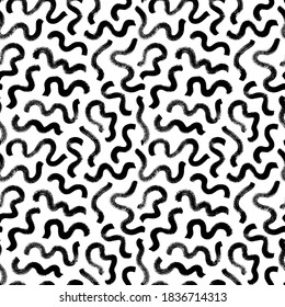 Black paint swirled line vector seamless pattern. Wavy and curly lines, round shapes, dry brush stroke texture. Abstract wallpaper design, trendy textile print. Wavy and swirled brush strokes