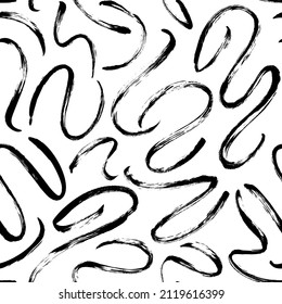 Black paint swirled thin line seamless pattern. Vector childish squiggle lines. Wavy and swirled brush strokes with rough edges. Dry brushstrokes. Calligraphy smears, hand drawn scribbles.