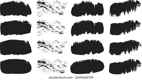 Black paint texture set, mascara smudge strokes, eye pencil squiggle marks, grungy brushstroke scribbles, Asian ink rush stroke blot elements, vector illustration.