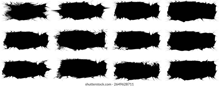 Black paint texture set, mascara smudge strokes, eye pencil squiggle marks, grungy brushstroke scribbles, Asian ink rush stroke blot elements, vector illustration.