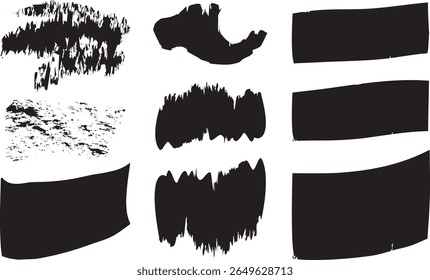 Black paint texture set, mascara smudge strokes, eye pencil squiggle marks, grungy brushstroke scribbles, Asian ink rush stroke blot elements, vector illustration.