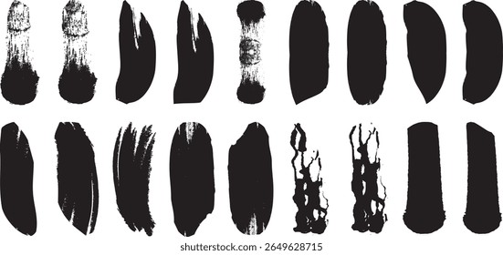 Black paint texture set, mascara smudge strokes, eye pencil squiggle marks, grungy brushstroke scribbles, Asian ink rush stroke blot elements, vector illustration.
