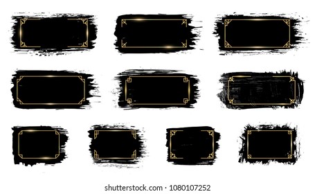 Black paint, vector ink brush stroke, brush, line, texture, splash set with gold premium glowing magic frames. Dirty artistic design element, box, frame, background collection for text. Glitter effect