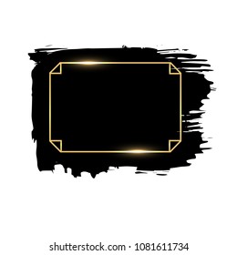 Black paint, vector ink brush stroke, brush, line, texture, splash and square gold premium glowing magic frame. Dirty design element, box, frame, background collection for text. Gold glitter effect.