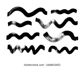 Black paint wavy brush strokes vector collection. Dirty curved lines and wavy brushstrokes. Ink illustration isolated on white background. Modern grunge brush lines. Calligraphy smears, stamps, lines.